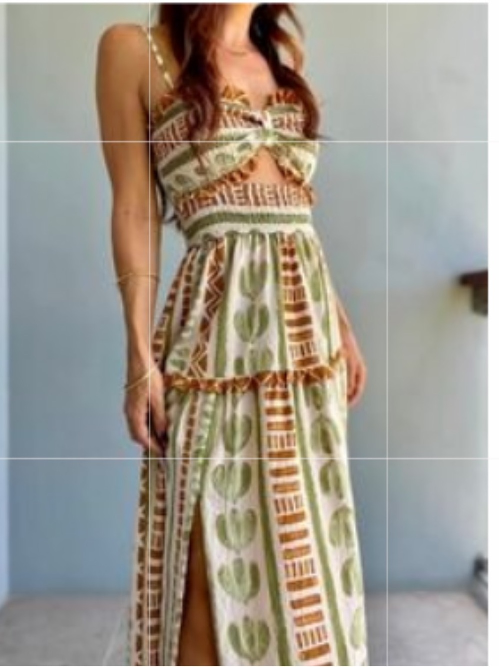 Dress Forum Printed Smocked Maxi Dress in Cream, Olive & Rust